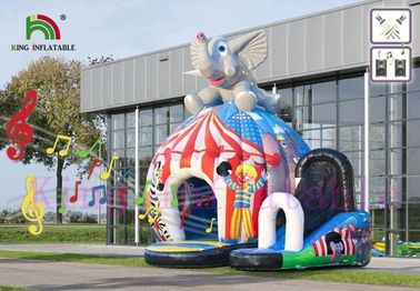 Colorful Circus Disco Inflatable Jumping Castle With Slide Printed Clown / Animals