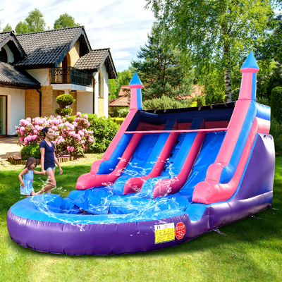 Outdoor Commercial Double Lane Inflatable Water Slides With Pool