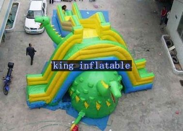 Outdoor Green / Yellow Dinosaur Inflatable PVC Tarpaulin Dry Slide Customized Multifun