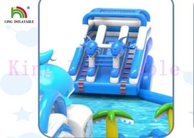 Fire Retardant Commercial Blue Shark portatble Blow Up Water Park With Slide and giant pool