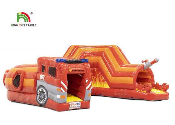 PVC 0.55mm 21ft Red Fire Truck Inflatable Obstacle Course For Kids