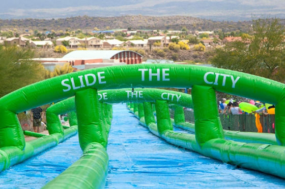 Customized Three Lanes Inflatable City Slide For Outdoor Sports Game