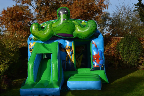 Kids Inflatable Green Super Heroes Castle Jumping House With Slide