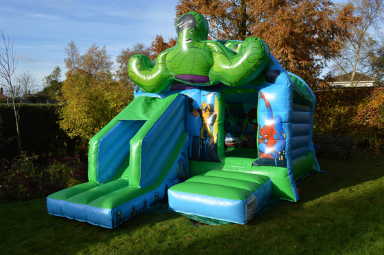 Kids Inflatable Green Super Heroes Castle Jumping House With Slide
