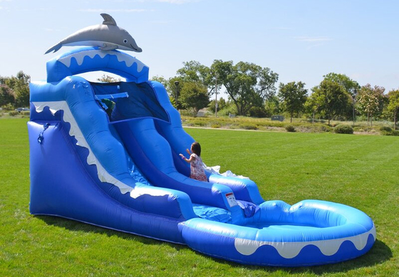 Cartoon Shark 10x21ft Inflatable Water Slide For Kids Quadruple Stitching