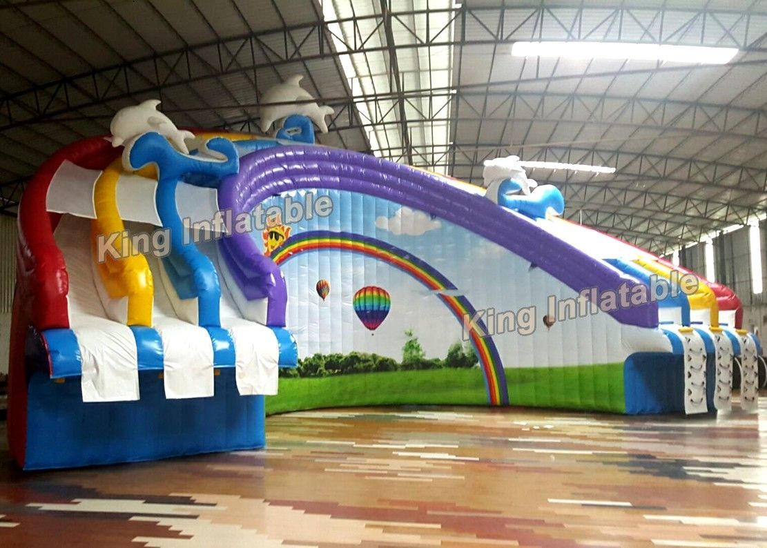 Colorful Rainbow Arch Shape Inflatable Water Slide With 3 Lane 30mL PVC