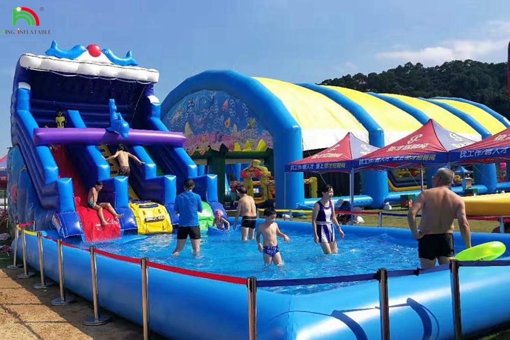 Large Inflatable Water Slide With Rainbow Double Lane Water Slide With Adult Swimming Pool