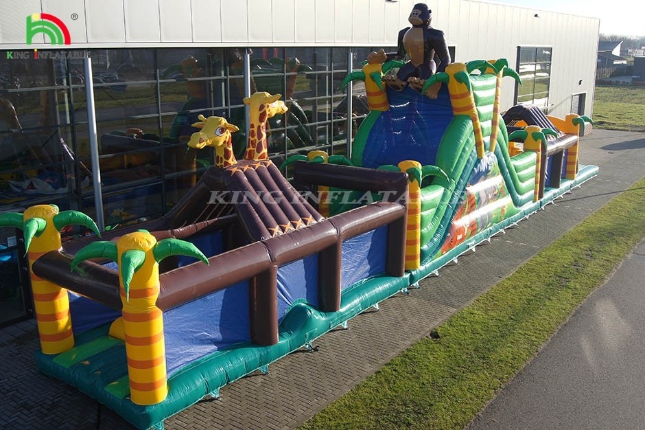 Large Outdoor Inflatable Obstacle Course With Slide And Fence Jumping Bounce Sports Game With Trampoline And Slide