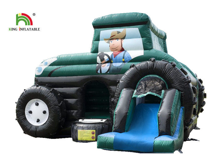 Slide Combo Green Agricultural Car Inflatable Jumping Castle For Rent 1 - 2 Years Warranty