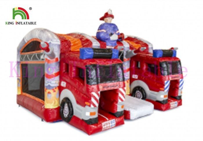 Red Firetruck 0.55mm PVC Inflatable Jumping Castle With Slide For Kids