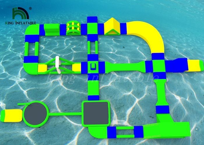 Custom 35x21m Inflatable Water Parks For Rental Green / Yellow / Blue Color