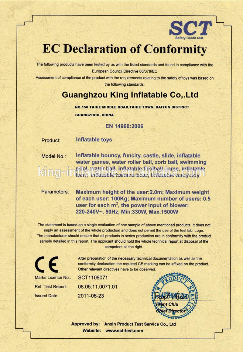 China King Inflatable Co.,Limited Certification